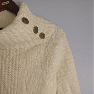 Merino Wool Chunky Knit Rollneck Decorated Turtleneck Sweater, Cream Neutral, L